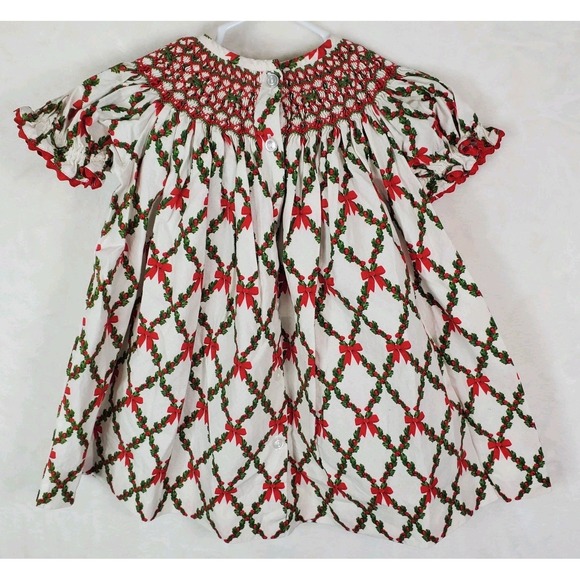 Toddler Girls Three Sisters Smocked Christmas Bow Bishop Dress Size 18 Months - Picture 4 of 8
